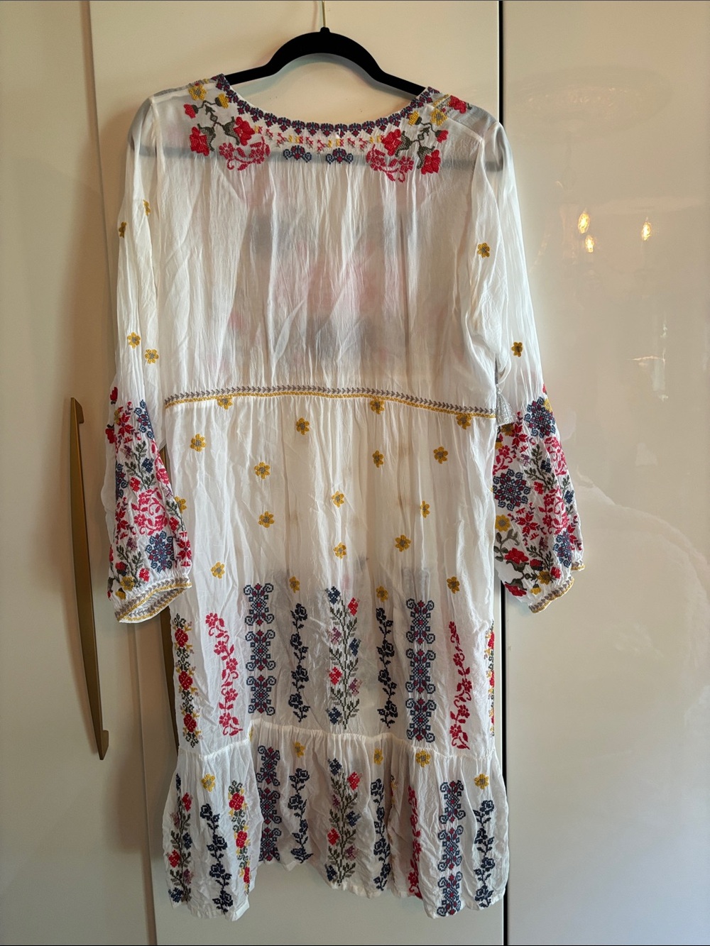 Johnny Was White Embroidered Boho Tunic Dress with Red, Navy & Yellow Accents - Picture 6 of 8